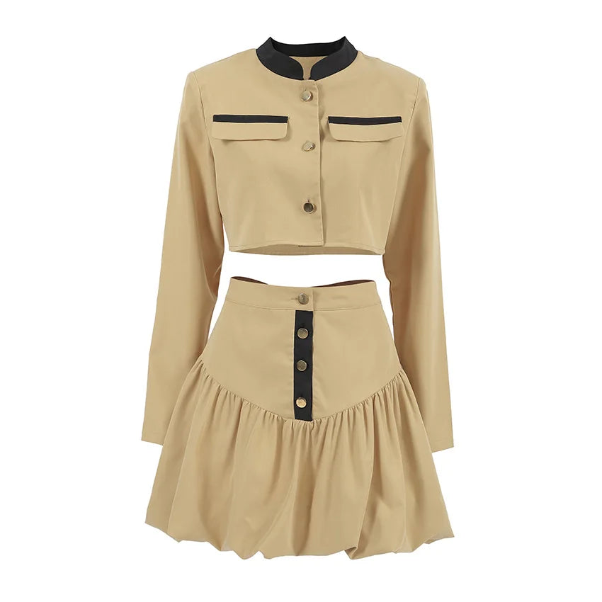 Eleganter Zweiteiler Damen – Kurzblazer & Hoher Taillenrock im Blütenstil